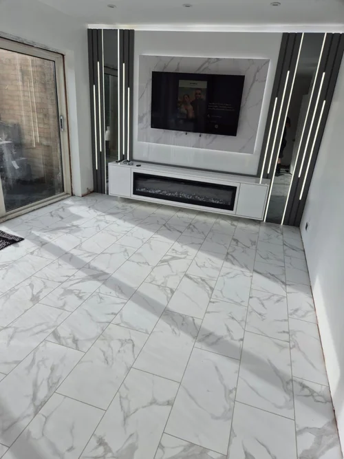 Marble-effect flooring in a modern living room