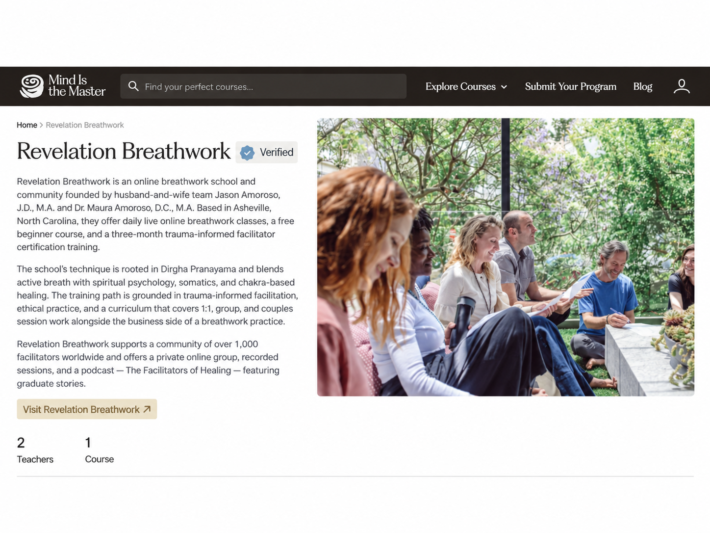 Mind Is the Master verified school profile featuring Revelation Breathwork, Jason Amoroso, and Dr. Maura Amoroso