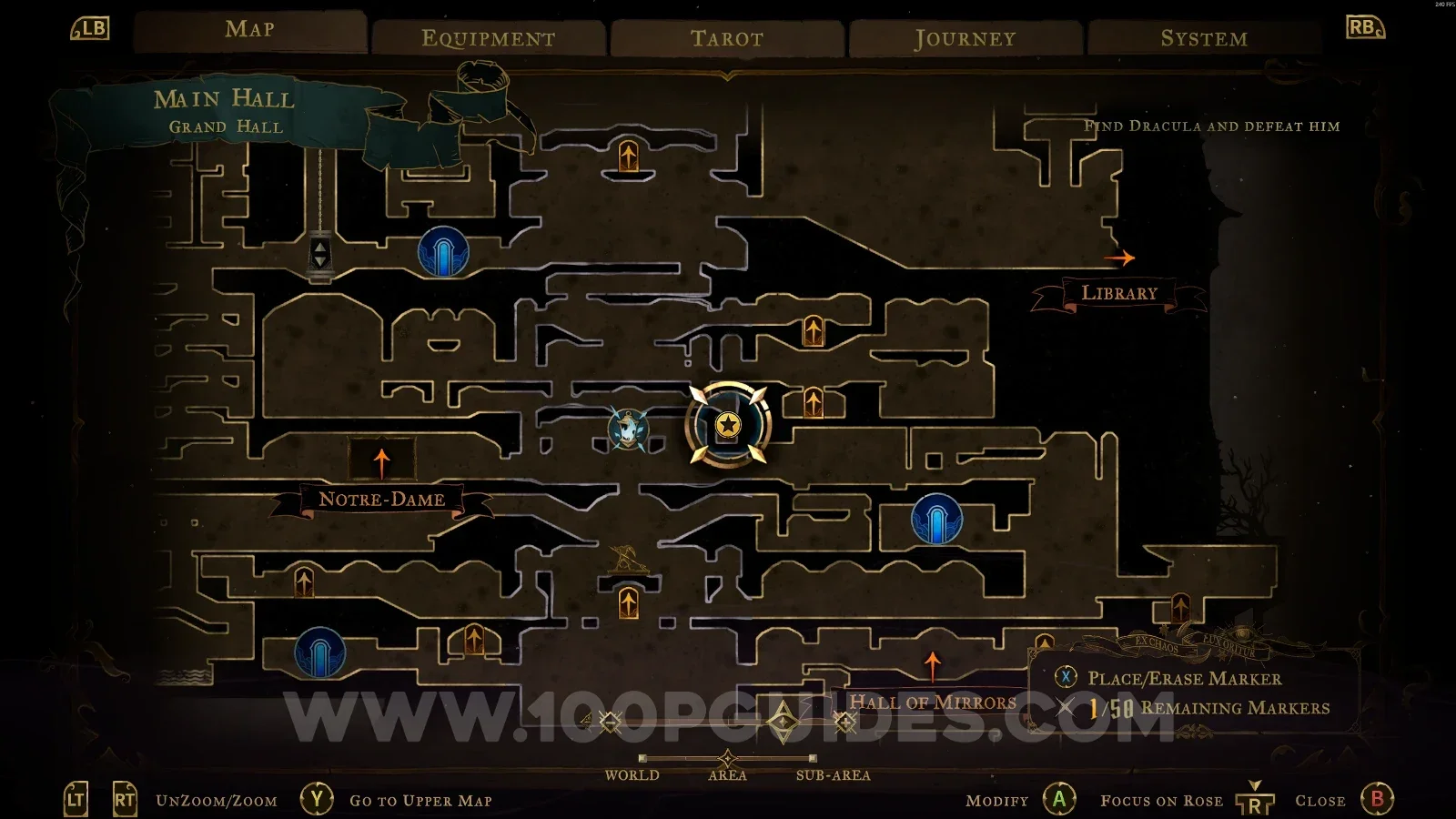 Castlevania Belmonts Curse Grand Hall map with the area of XP Statue #69 marked