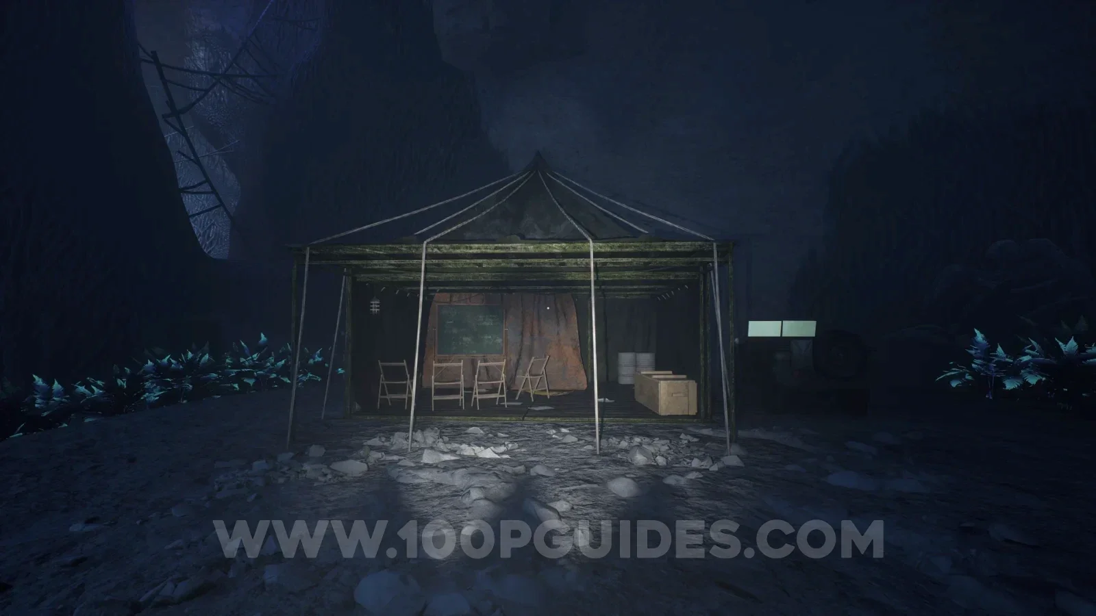 Terrible Lizards Chapter 4: tent at the end of the upper area past the covered tables