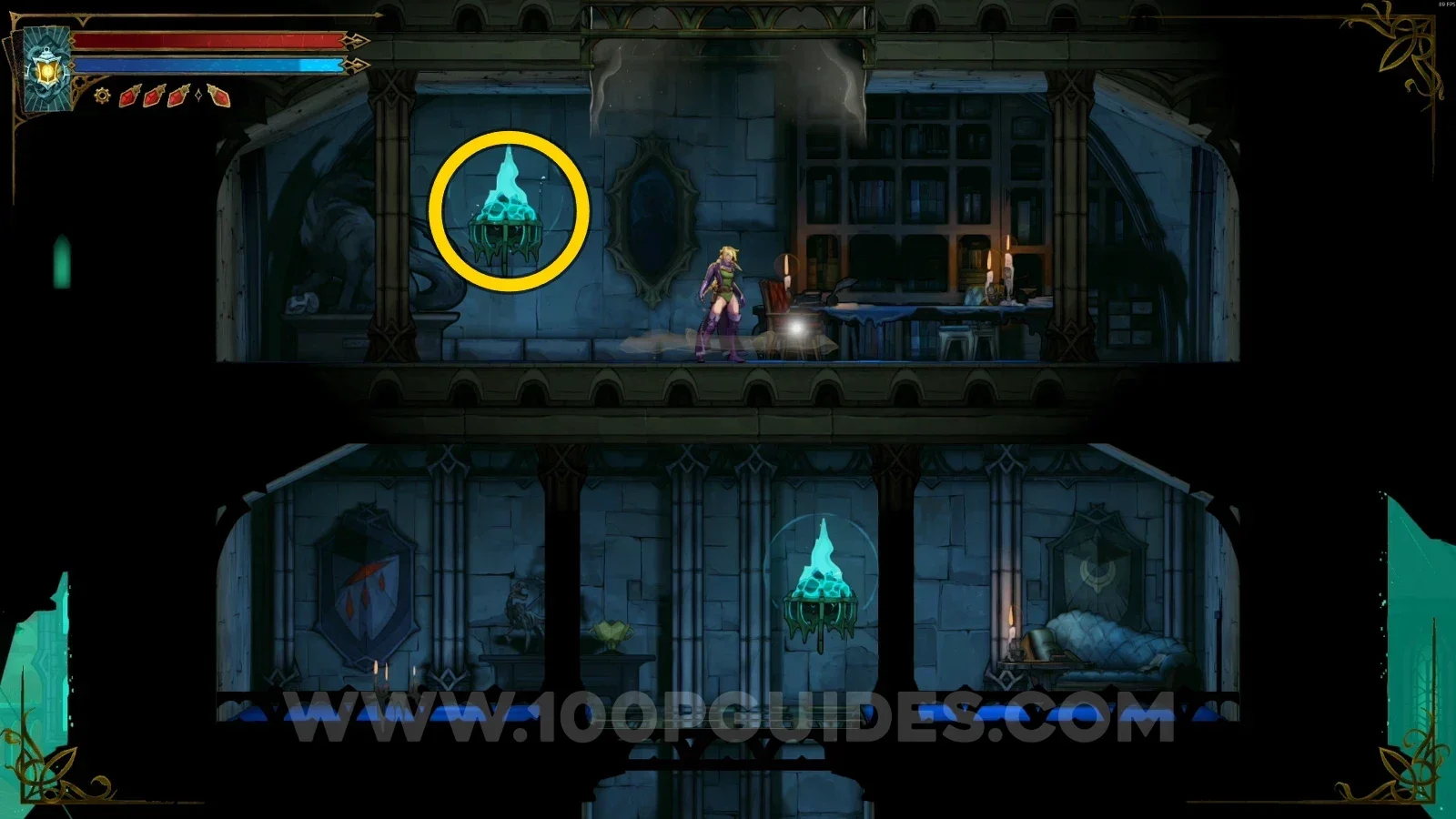Castlevania Belmonts Curse Main Hall: the blue flame below in the weapon room