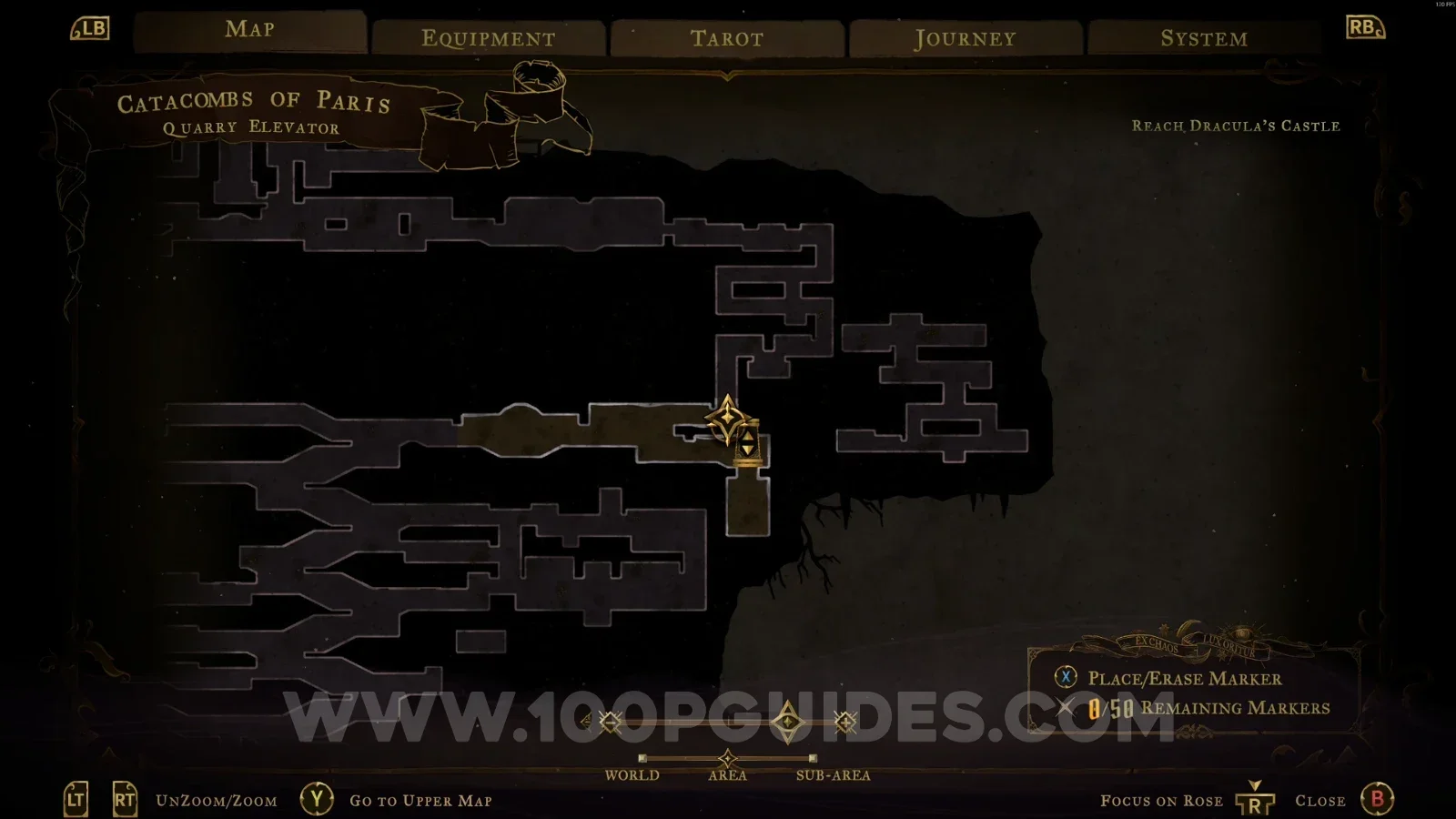 Castlevania Belmonts Curse Path Of The Abyss: map marking the area of Relic #2 Mourning Bead and XP Statue #4