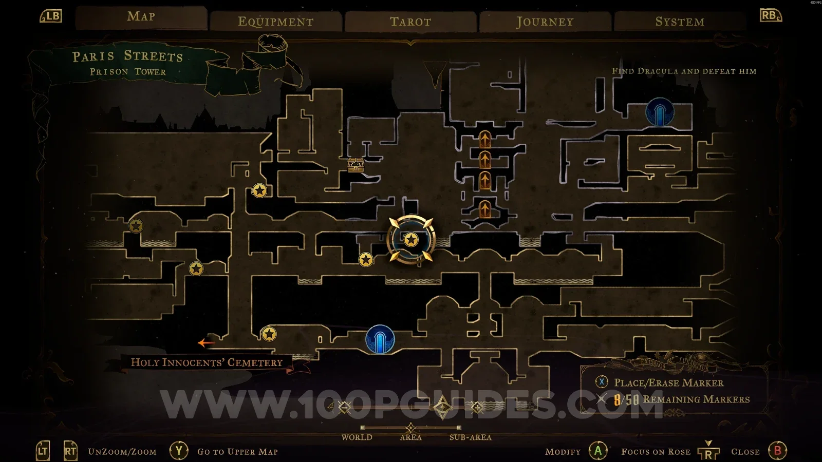 Castlevania Belmonts Curse Prison Tower map with the area of XP Statue #12 marked
