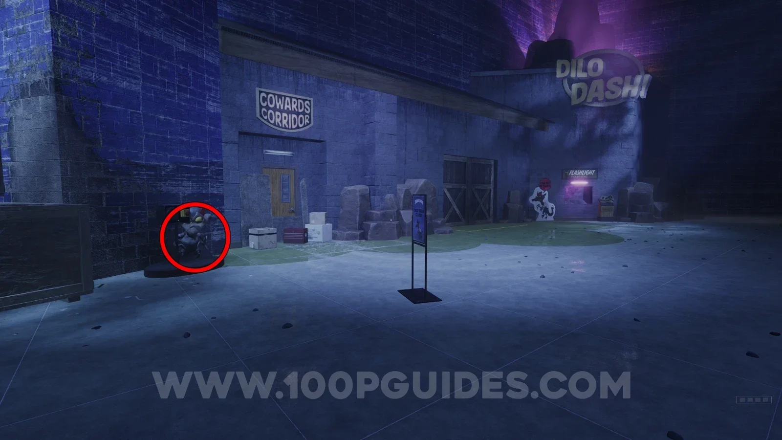 Terrible Lizards Chapter 1: Paleo Pal Dennis statue just left of the shutter where the token gets the torch