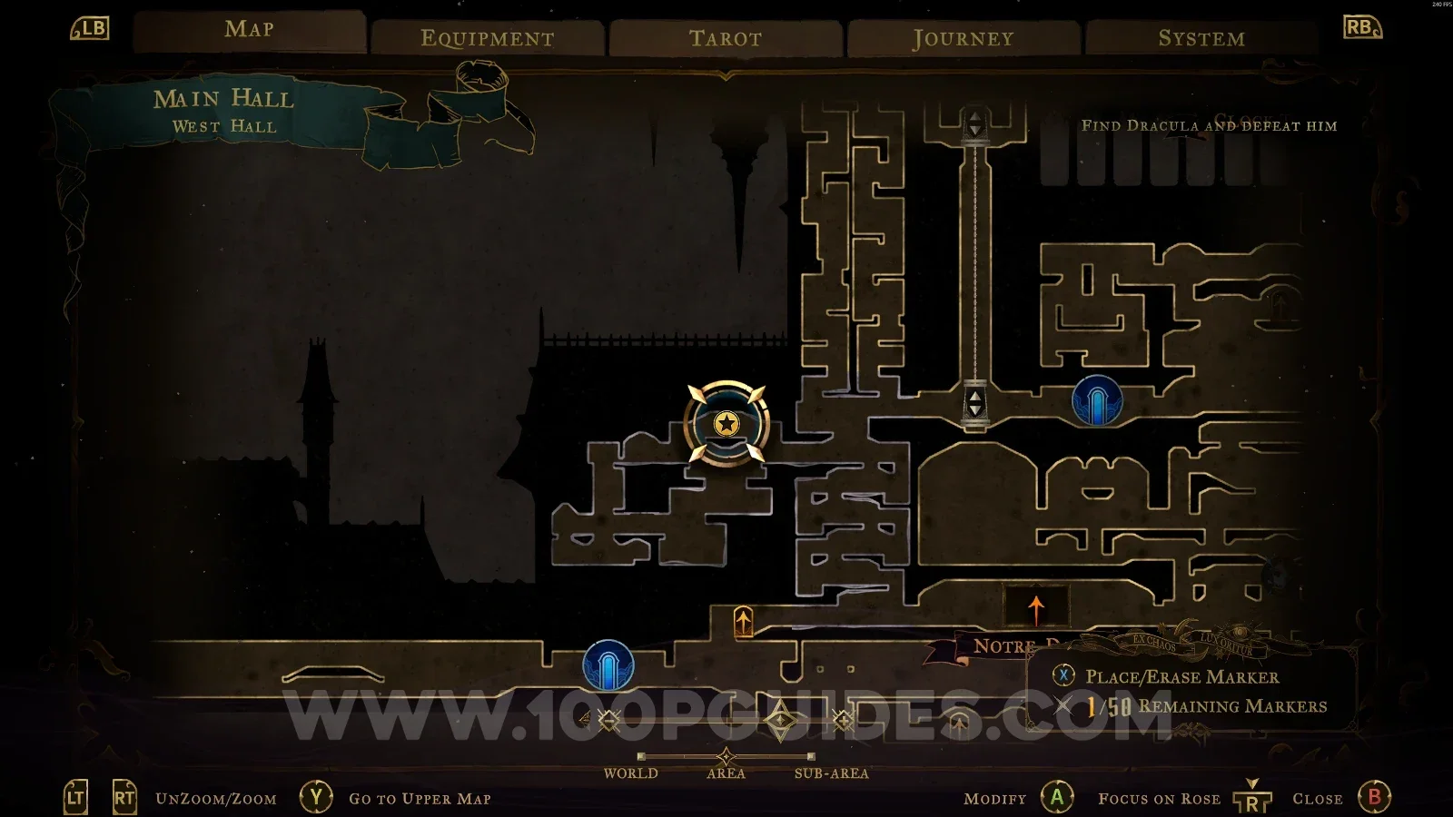 Castlevania Belmonts Curse West Hall map with the area of XP Statue #66 marked