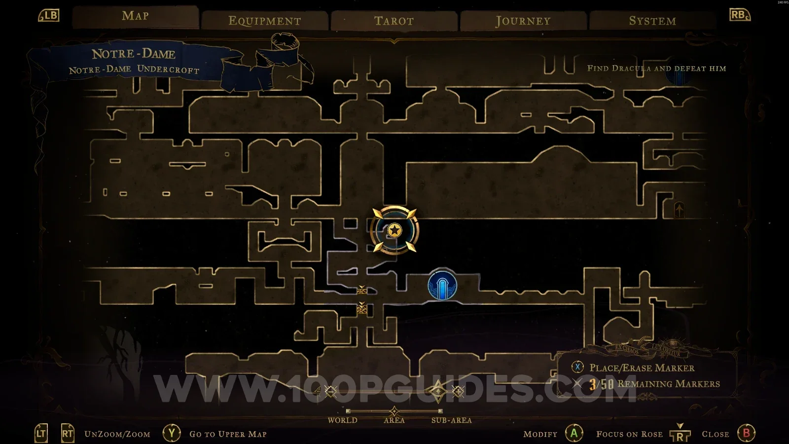Castlevania Belmonts Curse Notre-Dame Undercroft map with the area of XP Statue #121 marked