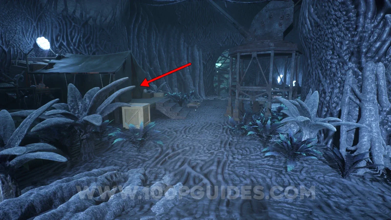 Terrible Lizards Chapter 4: tent on the left after kicking the dinosaur off the side of the cliff