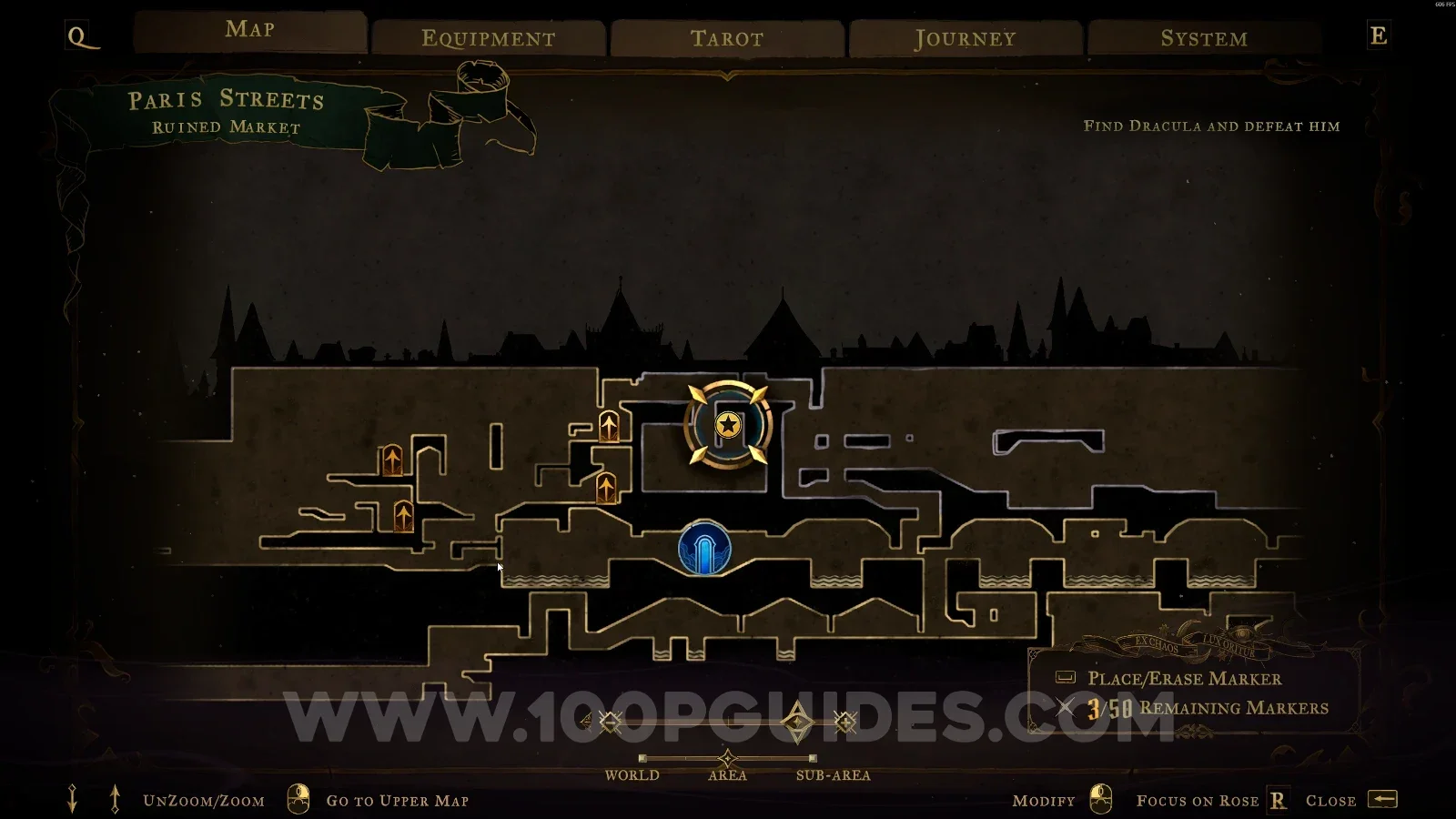 Castlevania Belmonts Curse Ruined Market map marking the Dark Sigil relic in Paris Streets