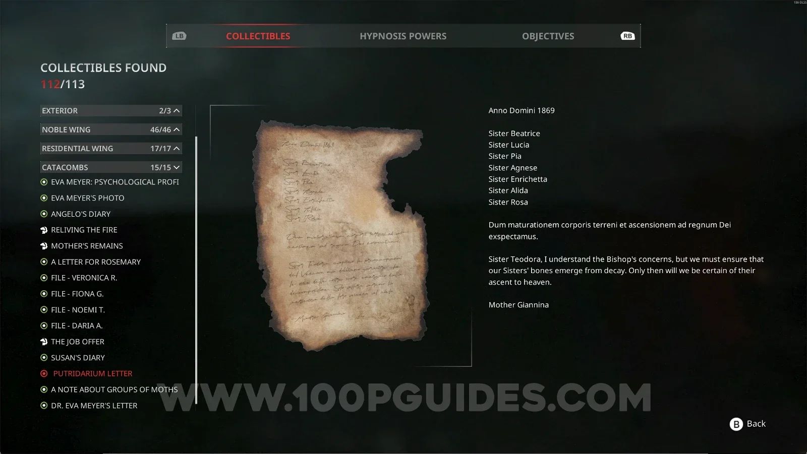 Remothered: Red Nuns Legacy Catacombs #15: Putridarium Letter collectible