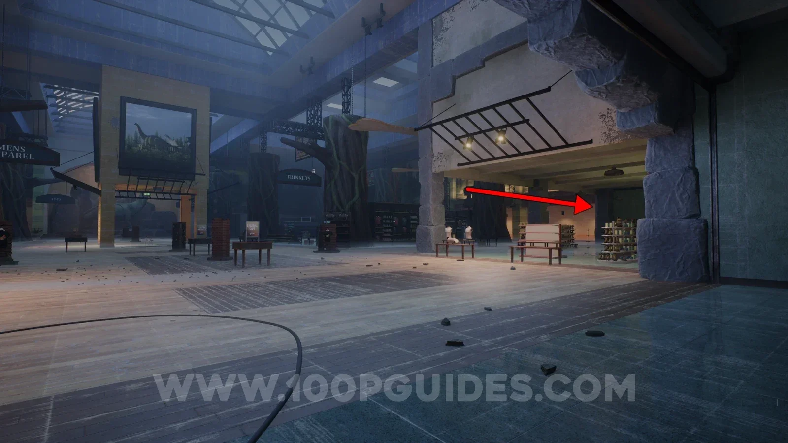 Terrible Lizards Chapter 1: massive open gift shop area with the shop on the right holding a tape
