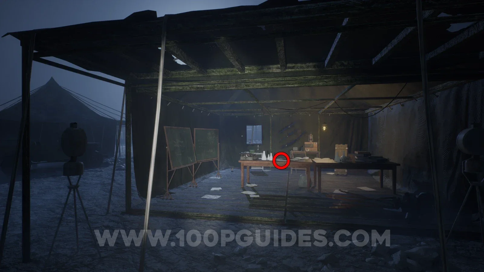 Terrible Lizards Chapter 4: Material analysis note inside the corner tent right of the covered tables