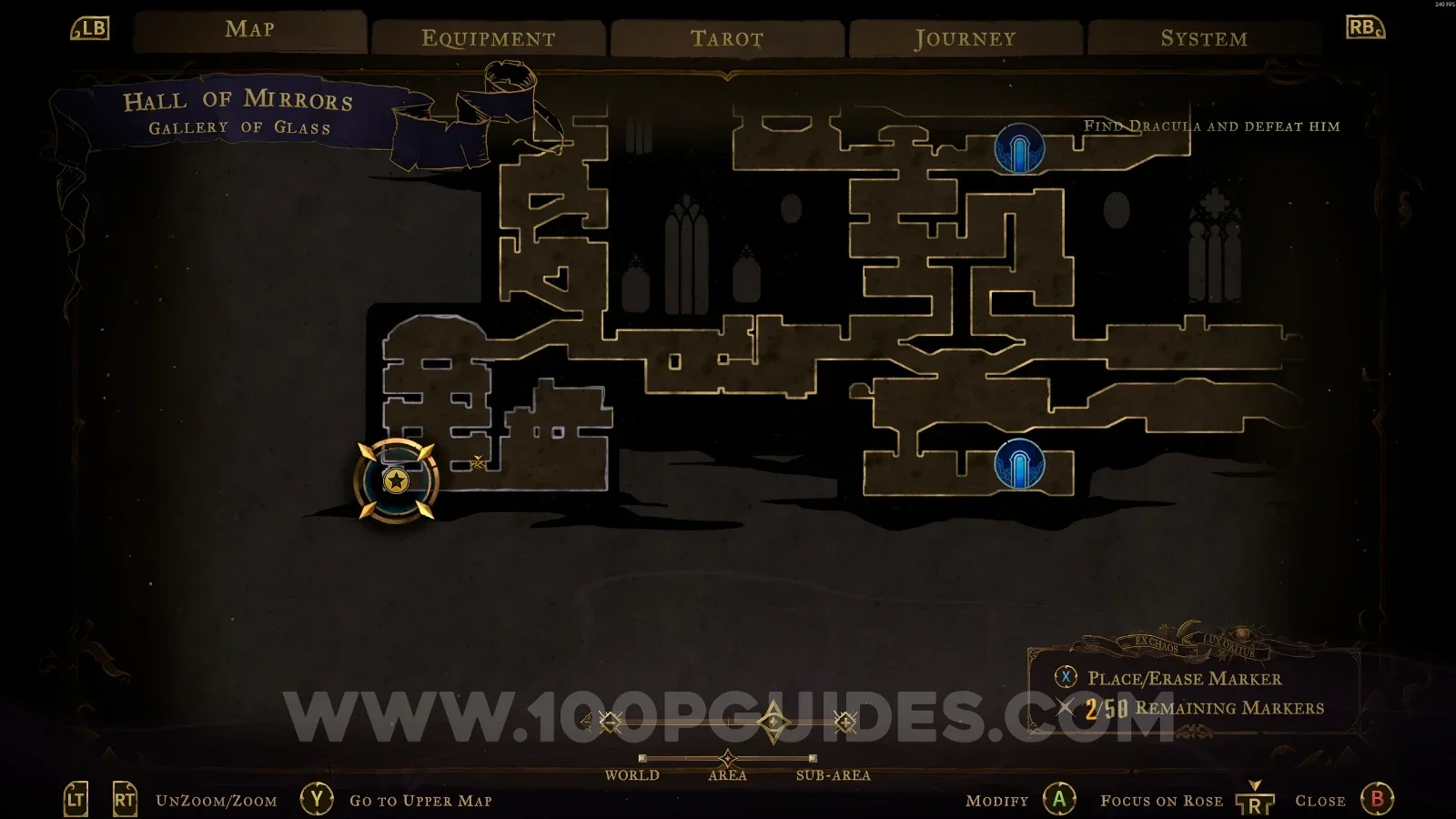 Castlevania Belmonts Curse Gallery Of Glass map with the area of XP Statue #139 marked