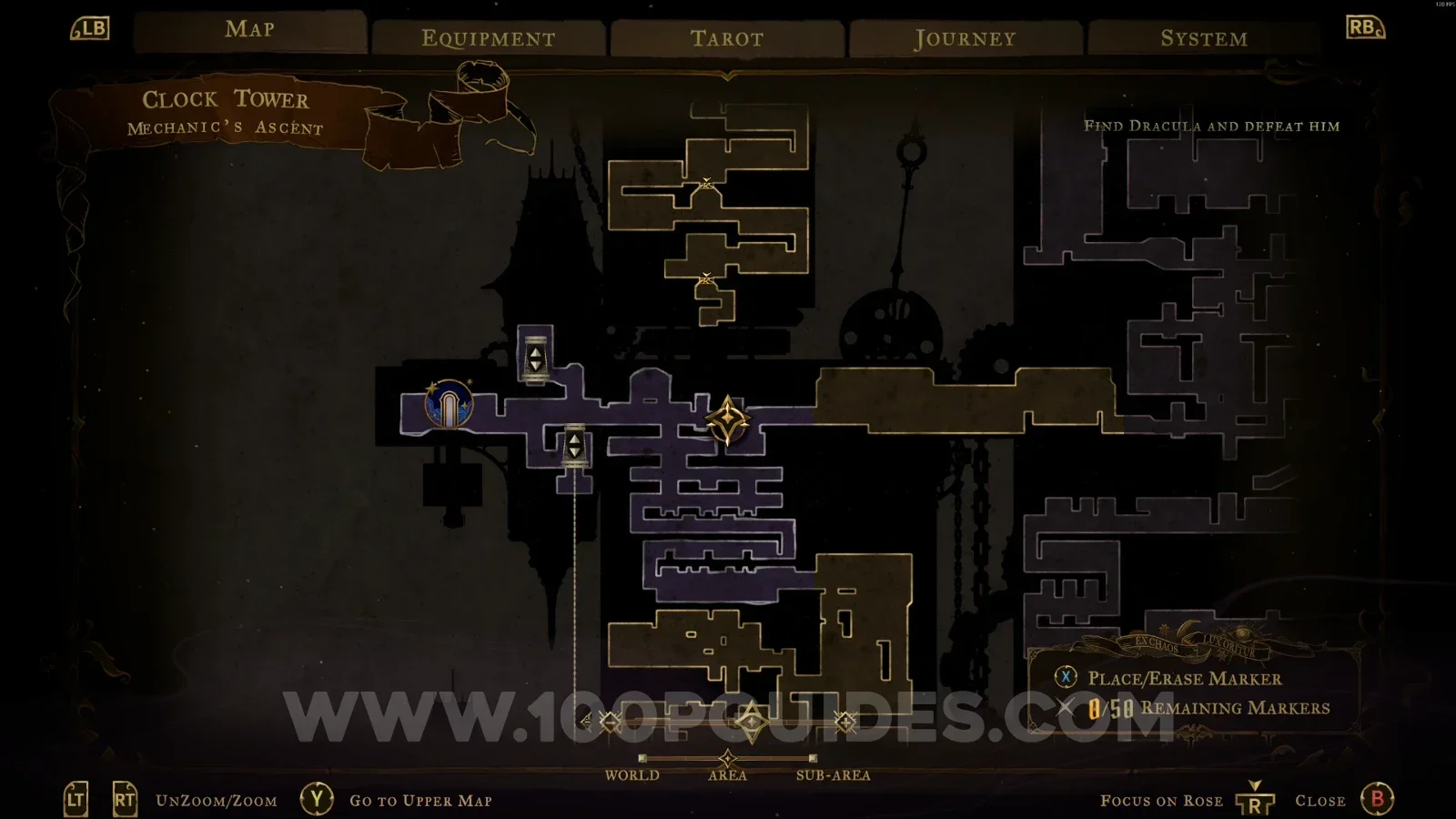 Castlevania Belmont's Curse Mechanic's Ascent: map marking the area to climb for XP Statue #1