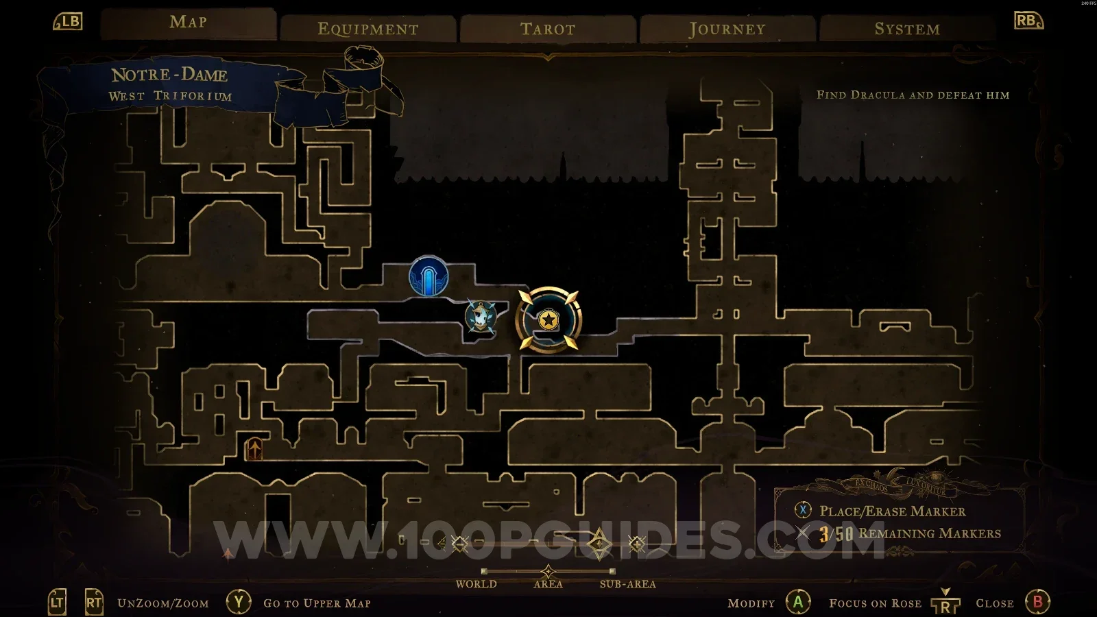 Castlevania Belmonts Curse West Triforium map with the area of XP Statue #120 marked