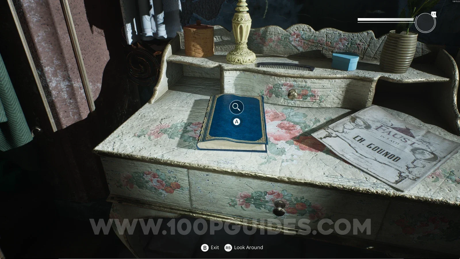 Remothered: Red Nuns Legacy: interacting with the blue book on the vanity to reveal the Library Key