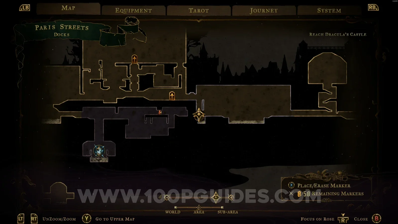 Castlevania Belmonts Curse Paris Streets: map marking the area with the Bastard Sword secret passage