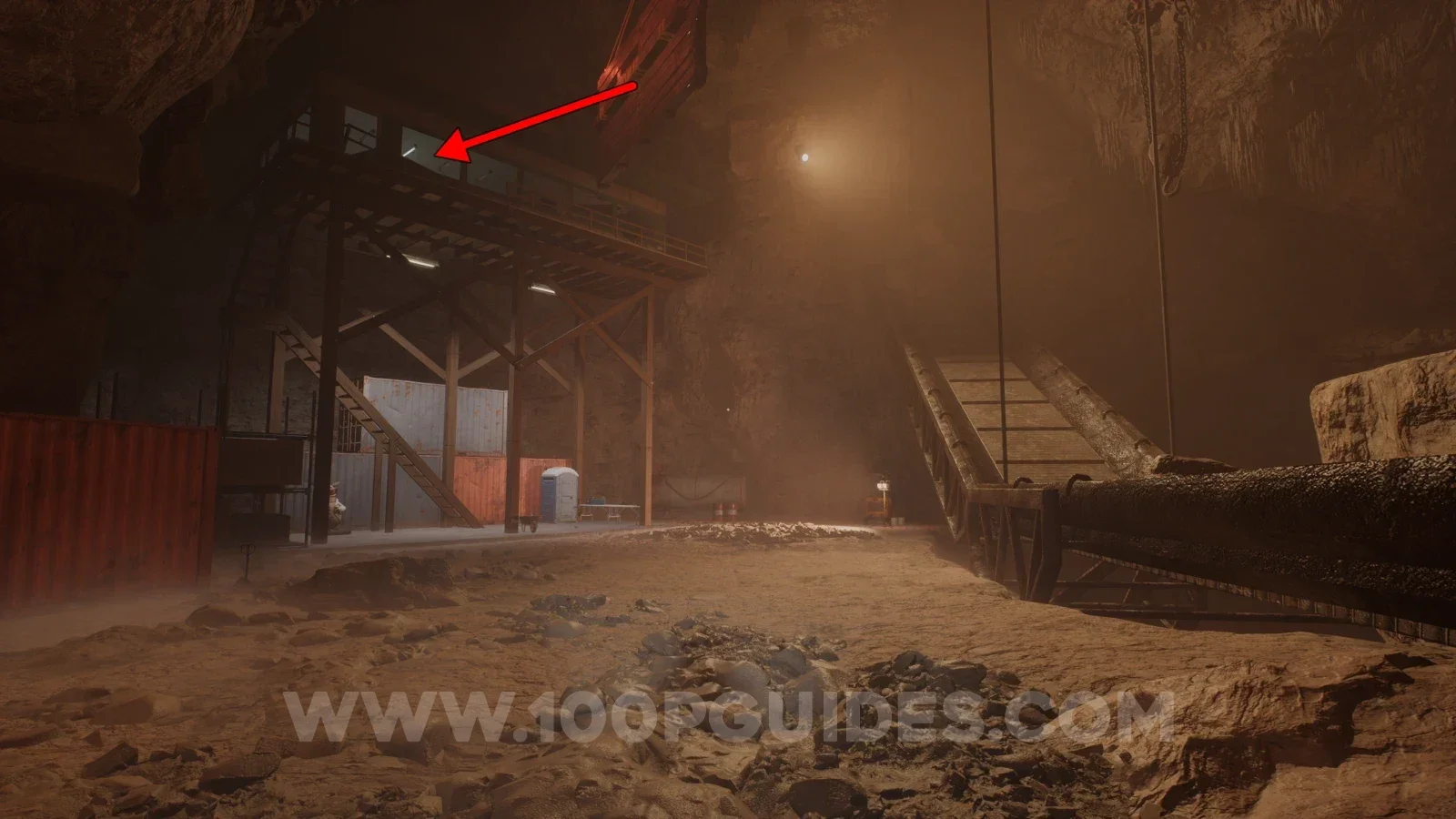 Terrible Lizards Chapter 2: stairs past the stopped conveyor belt leading to the building on the left