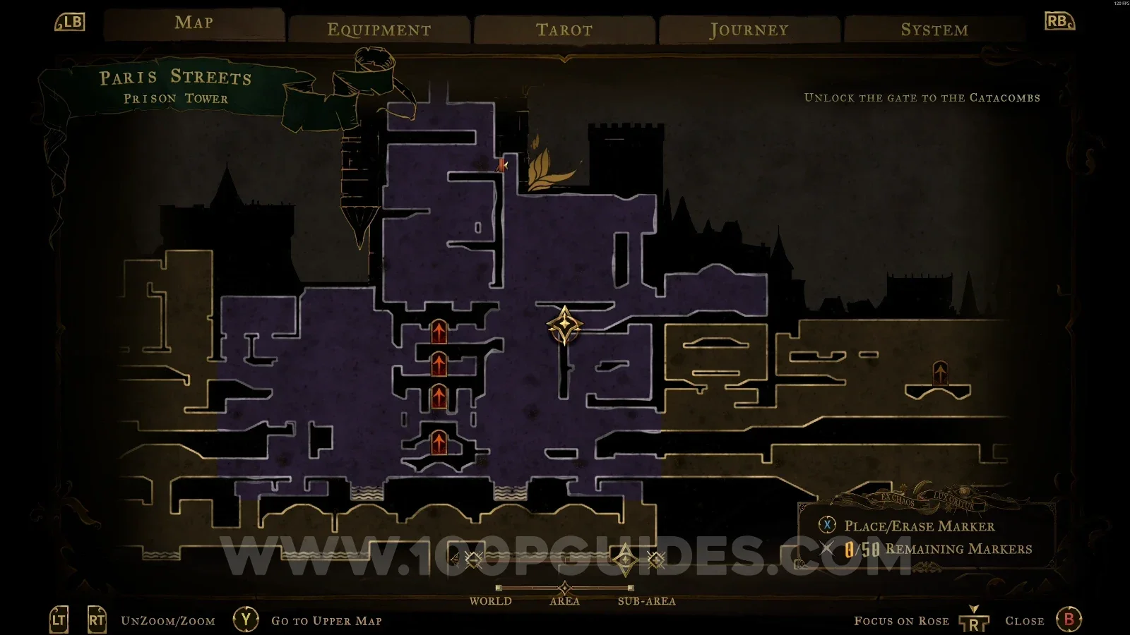 Castlevania Belmonts Curse Prison Tower: map marking the area of Mirror of Life #4 and XP Statue #26