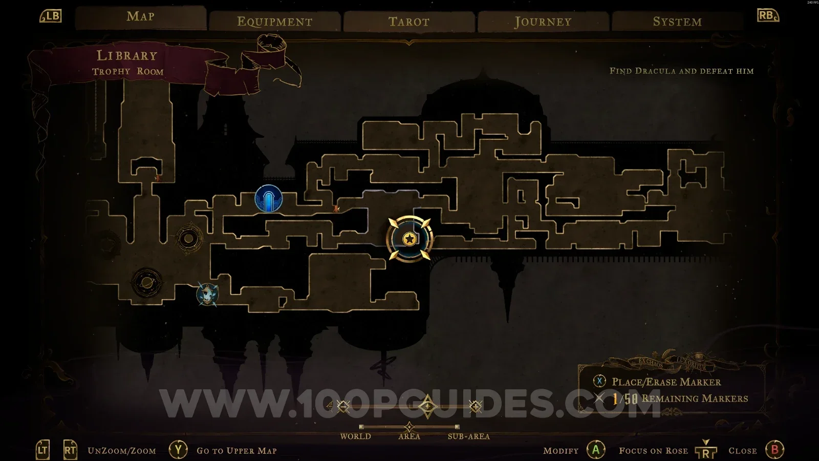 Castlevania Belmonts Curse Trophy Room map with the area of XP Statue #93 marked