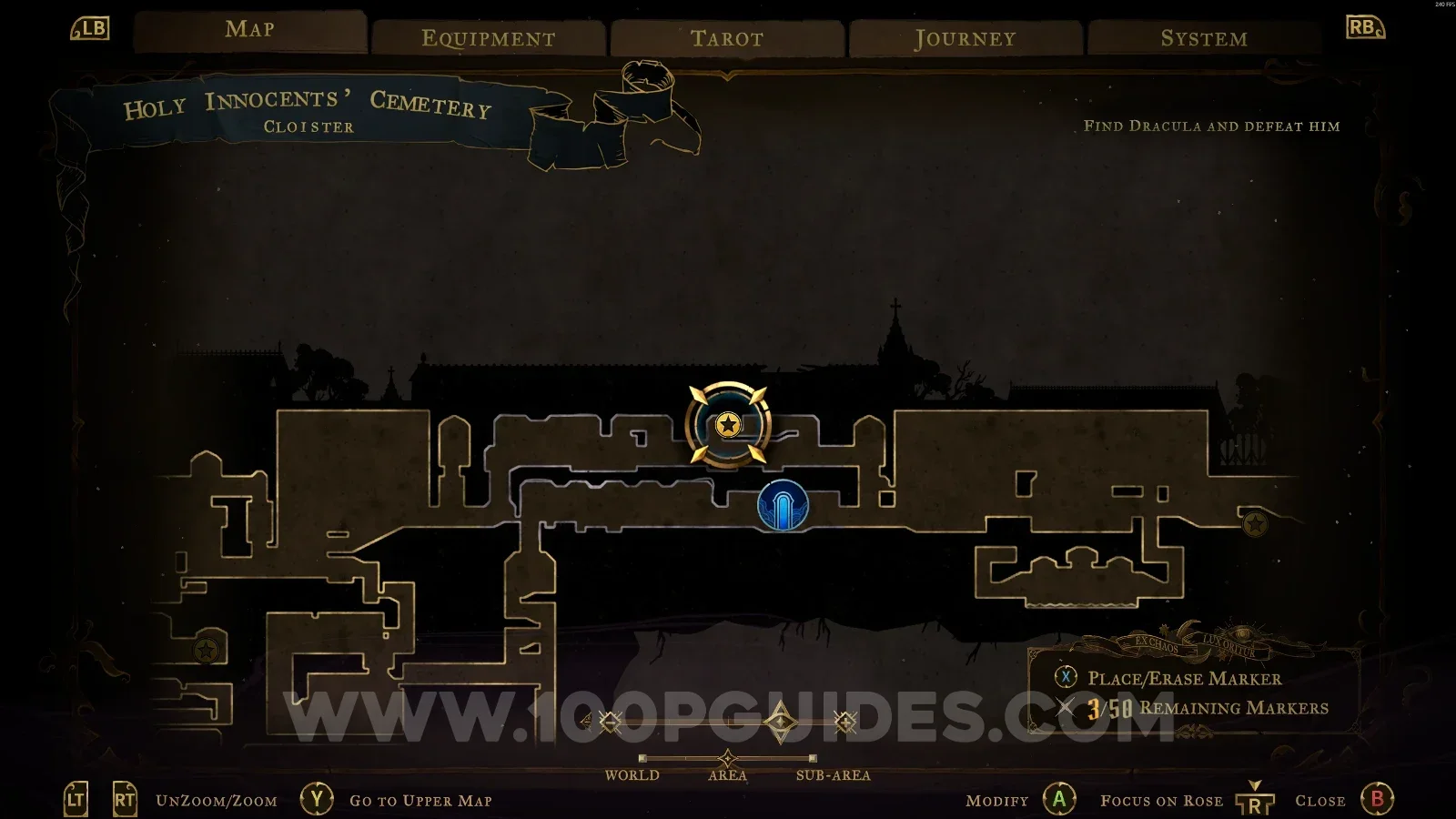 Castlevania Belmont's Curse Cloister: map location of Wise Heart Fragment #4 in the upper part of the area