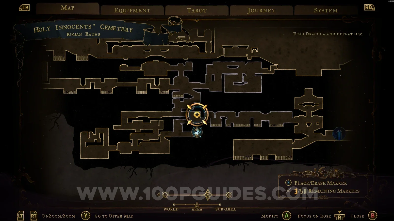 Castlevania Belmont's Curse Roman Baths: map with the area of Wise Heart Fragment #5 marked