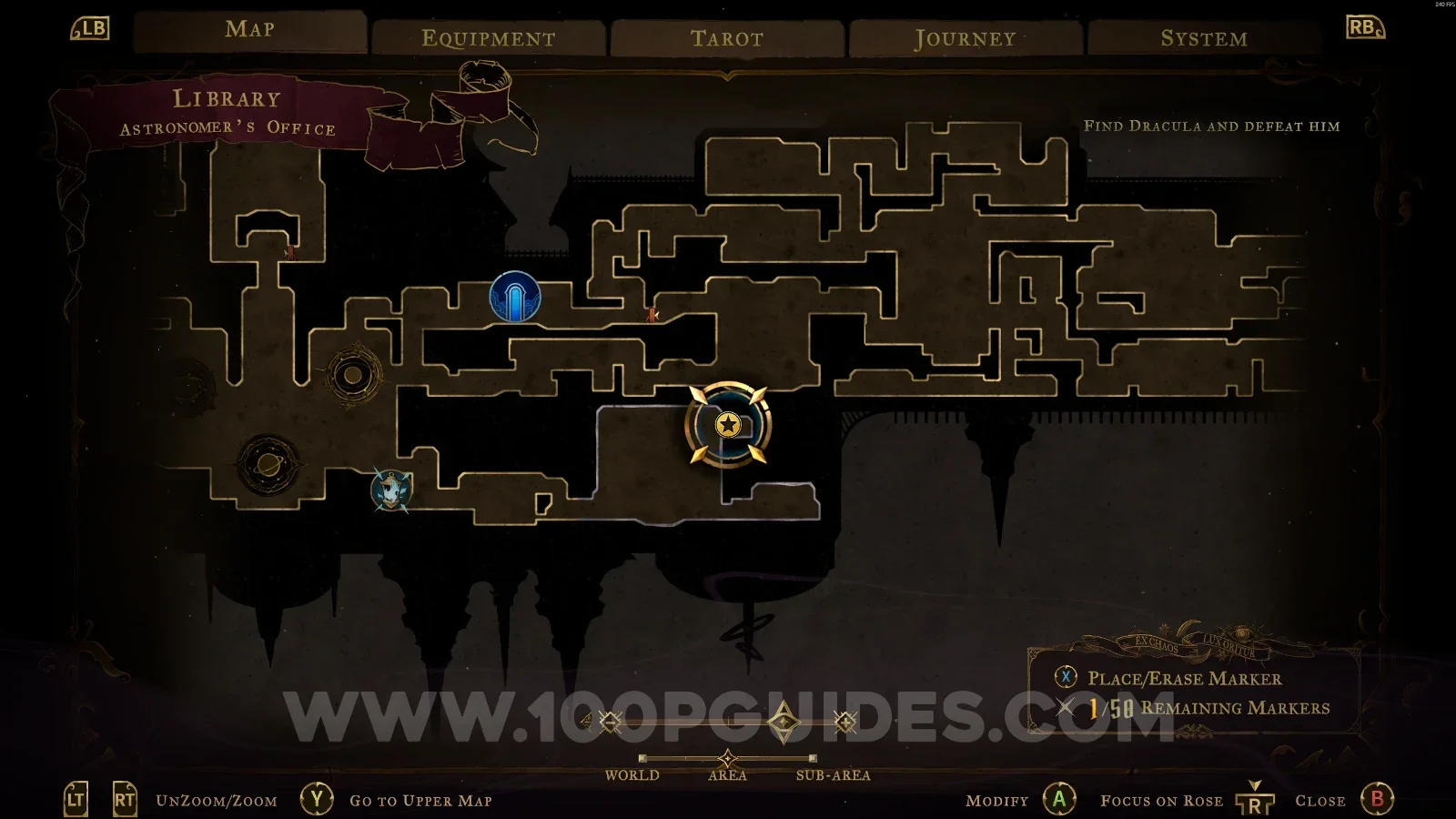 Castlevania Belmonts Curse Astronomer's Office map showing XP Statue #92 at the top of the area