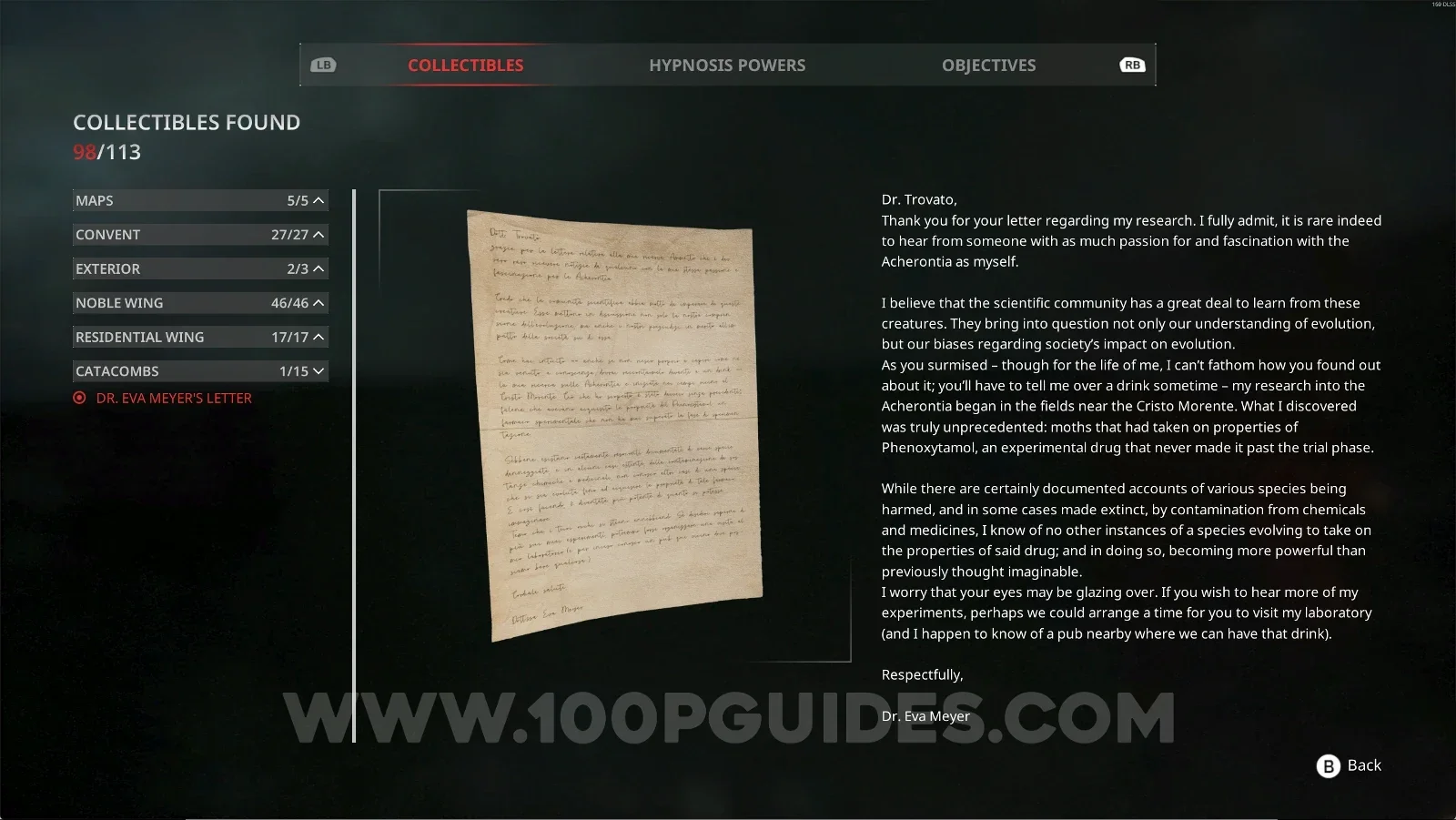 Remothered: Red Nuns Legacy Catacombs #1: Dr. Eva Meyer's Letter at the back of the area