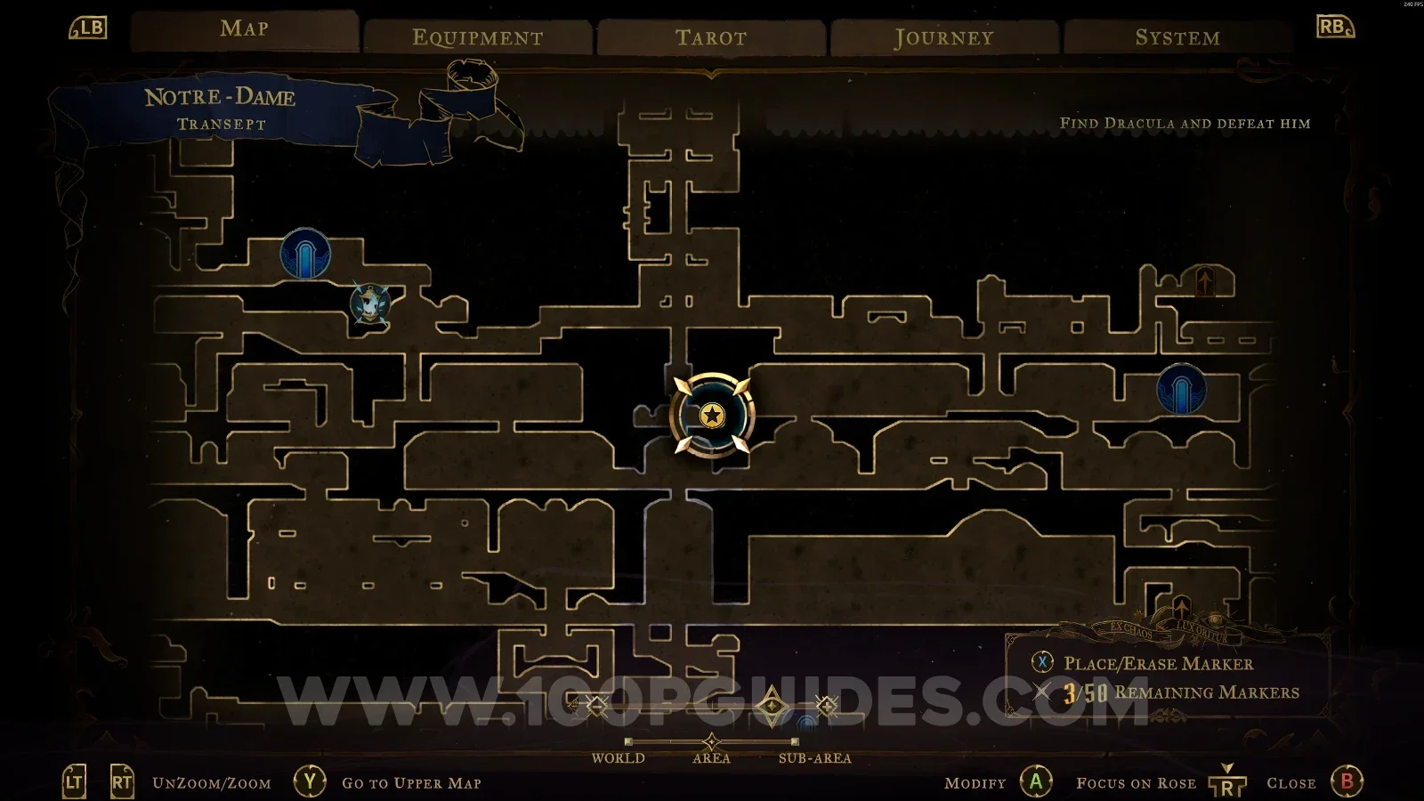 Castlevania Belmonts Curse Transept map with the area of XP Statue #119 marked