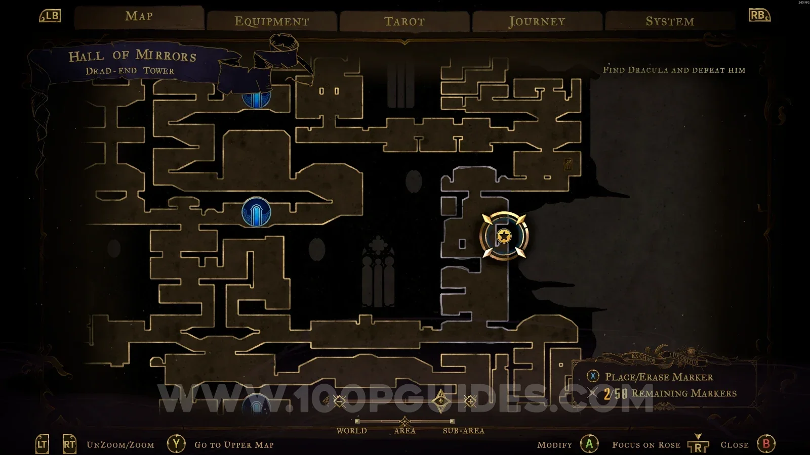 Castlevania Belmonts Curse Dead-End Tower map with the area of XP Statue #137 marked