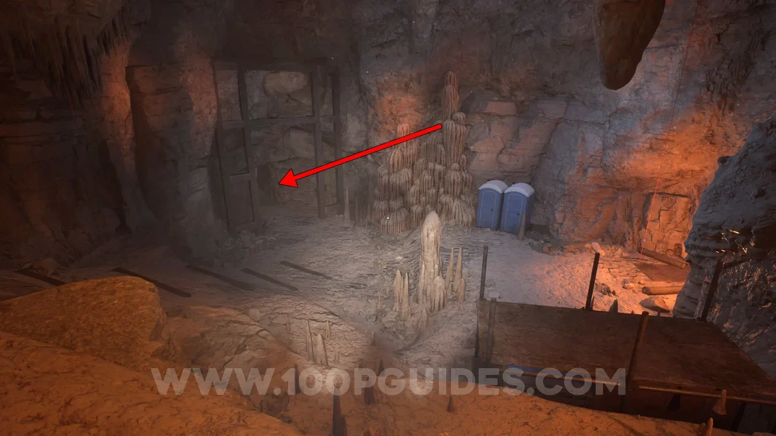 Terrible Lizards Level 2: the cave on the left and small hole on the right beside two blue porta potties