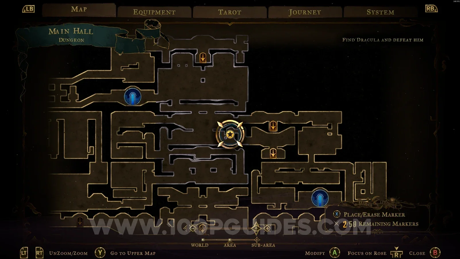 Castlevania Belmonts Curse Dungeon map with the area of XP Statue #75 marked