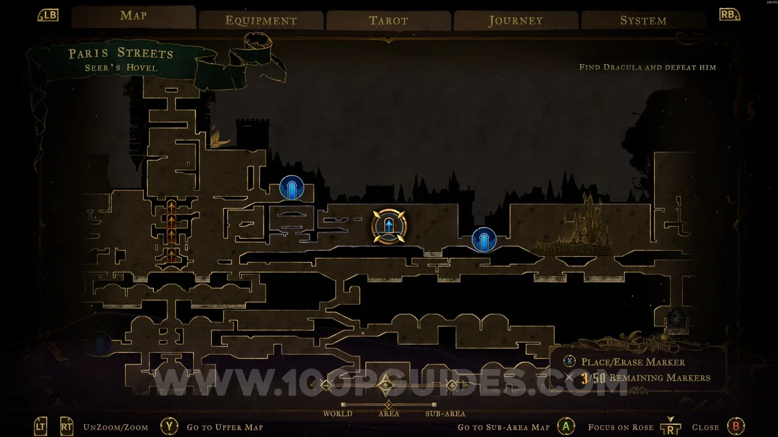 Castlevania Belmonts Curse Burned District map marking the Seer's Hovel room with XP Statue #19