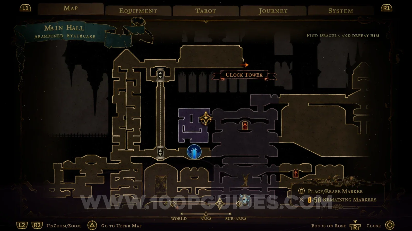 Castlevania Belmonts Curse Abandoned Staircase map marking the Blackened Heart relic area