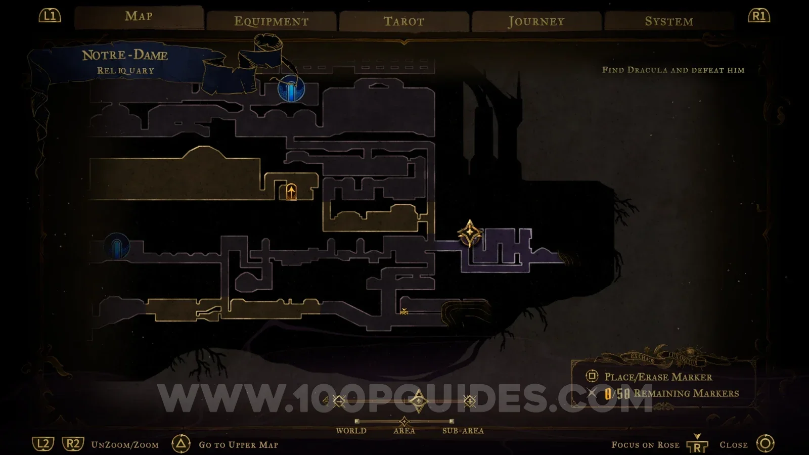 Castlevania Belmonts Curse Reliquary map marking the Infernal Medallion relic area in Notre-Dame