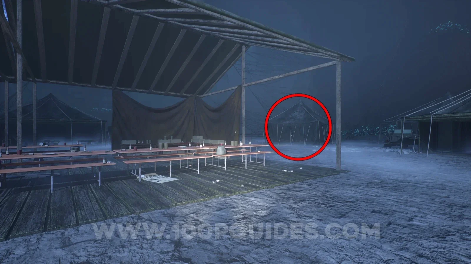 Terrible Lizards Chapter 4: corner tent right of the covered tables, entered from its other side