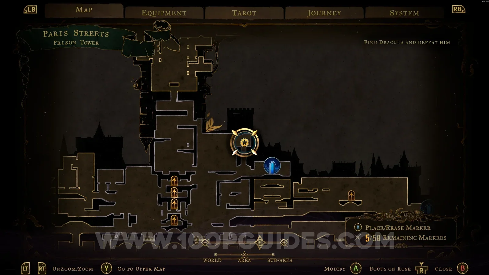 Castlevania Belmonts Curse Prison Tower map with the area of XP Statue #17 marked