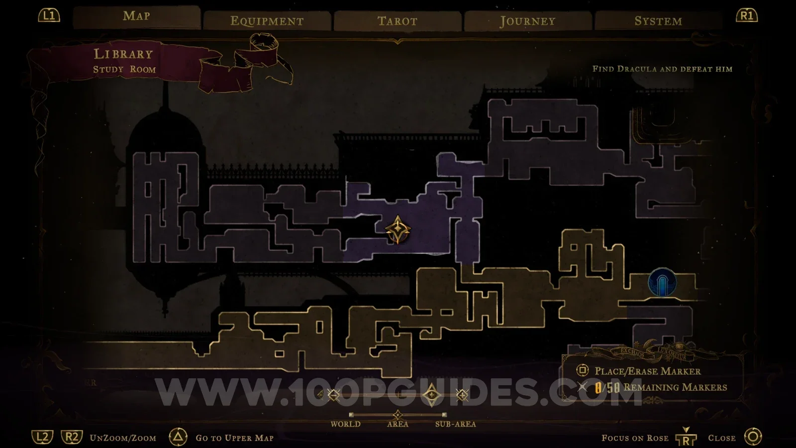 Castlevania Belmonts Curse Study Room map marking the Wraith's Tear relic in the Library
