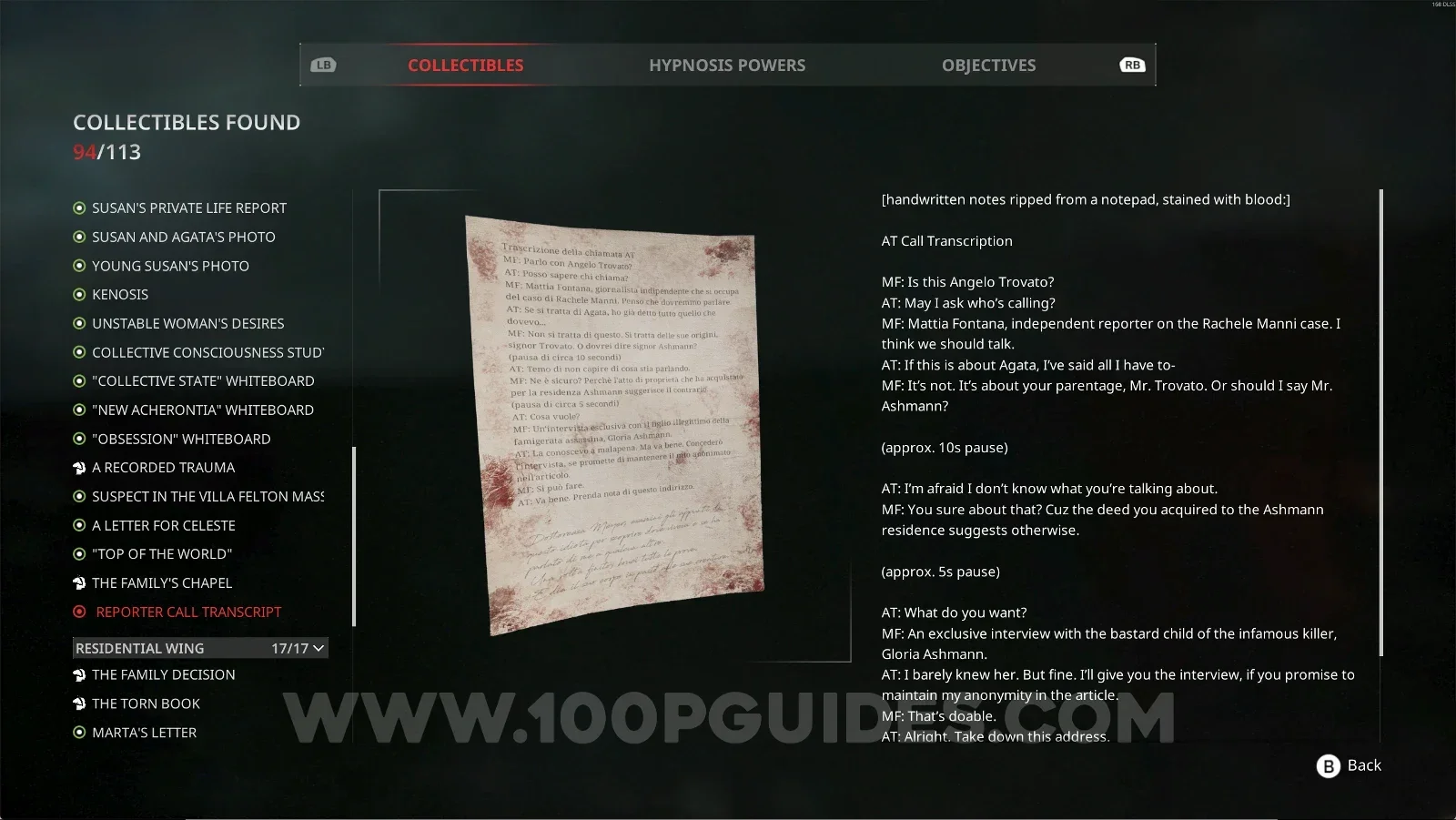 Remothered: Red Nuns Legacy Noble Wing #43: Reporter Call Transcript collectible