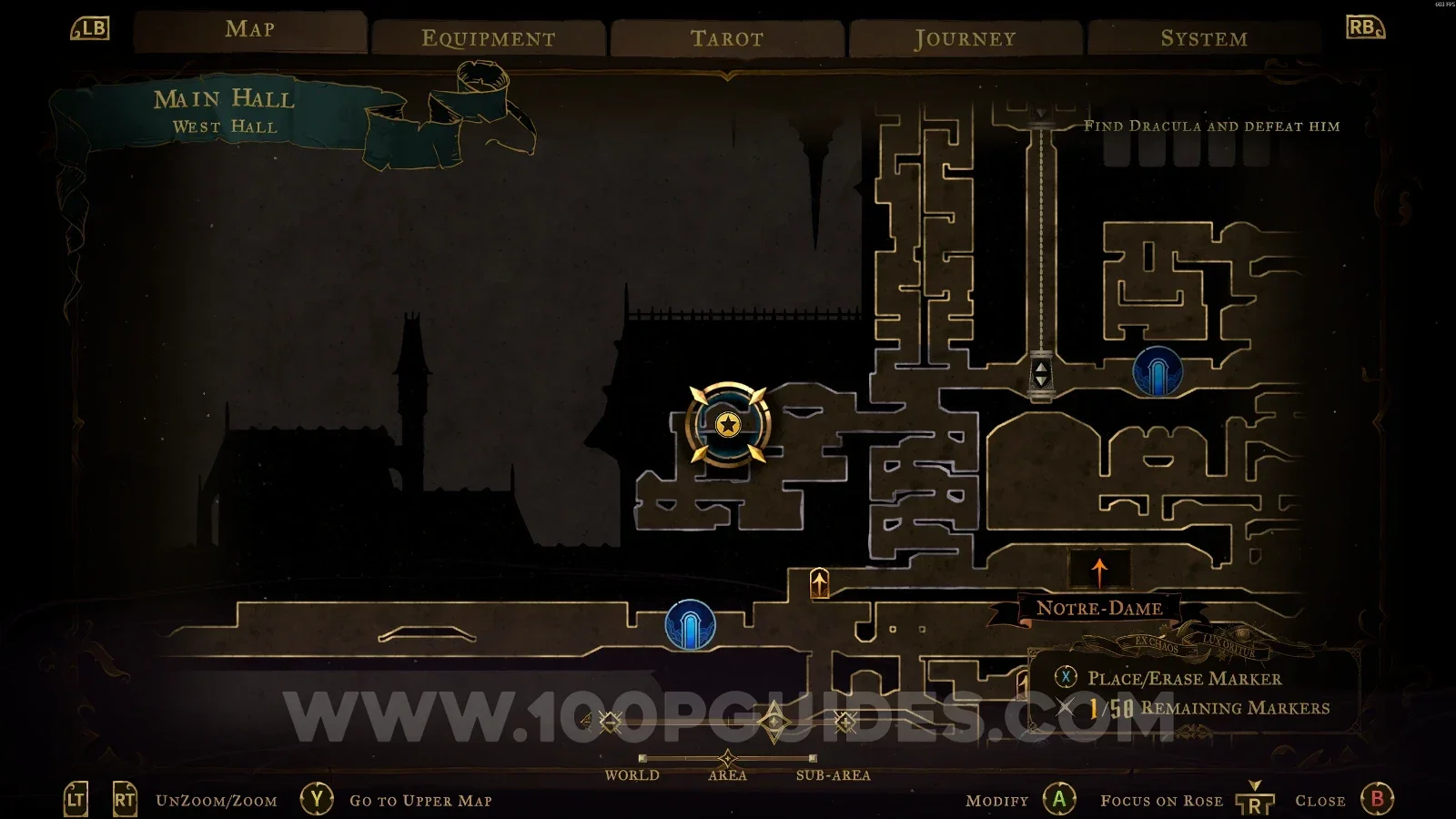 Castlevania Belmonts Curse West Hall map marking the Witch's Knot relic area in the Main Hall