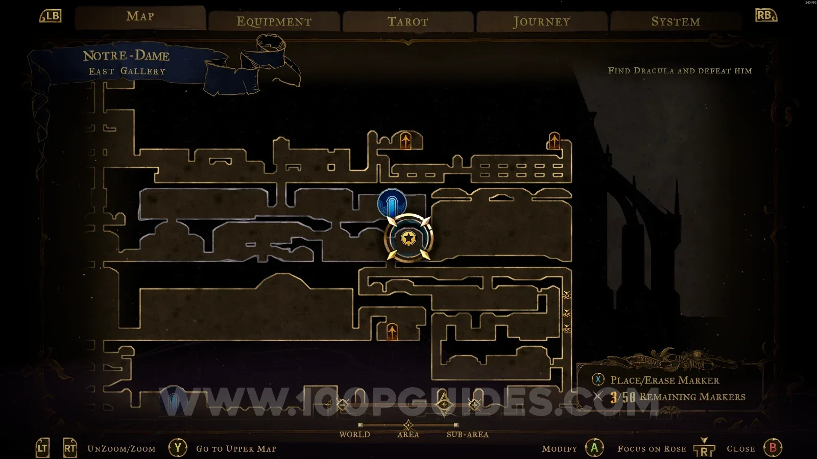 Castlevania Belmonts Curse East Gallery map with the area of XP Statue #114 marked