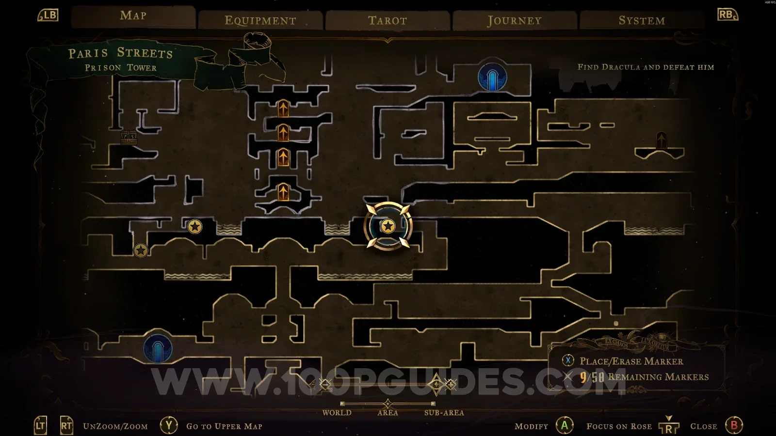 Castlevania Belmonts Curse Prison Tower map with the area of XP Statue #13 marked
