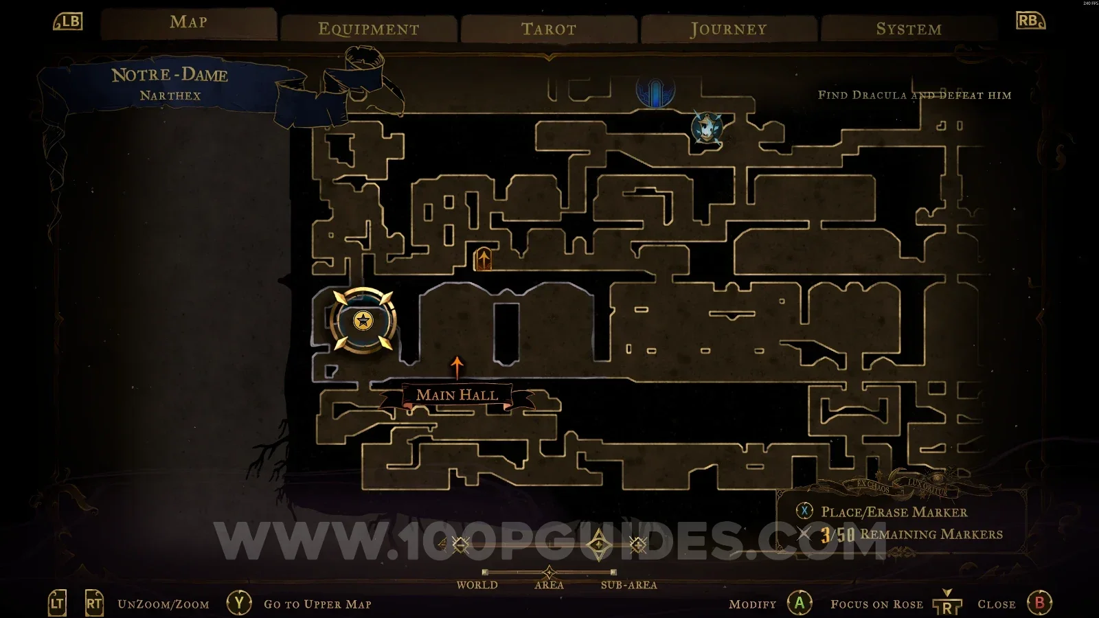 Castlevania Belmonts Curse Narthex map with the area of XP Statue #126 marked