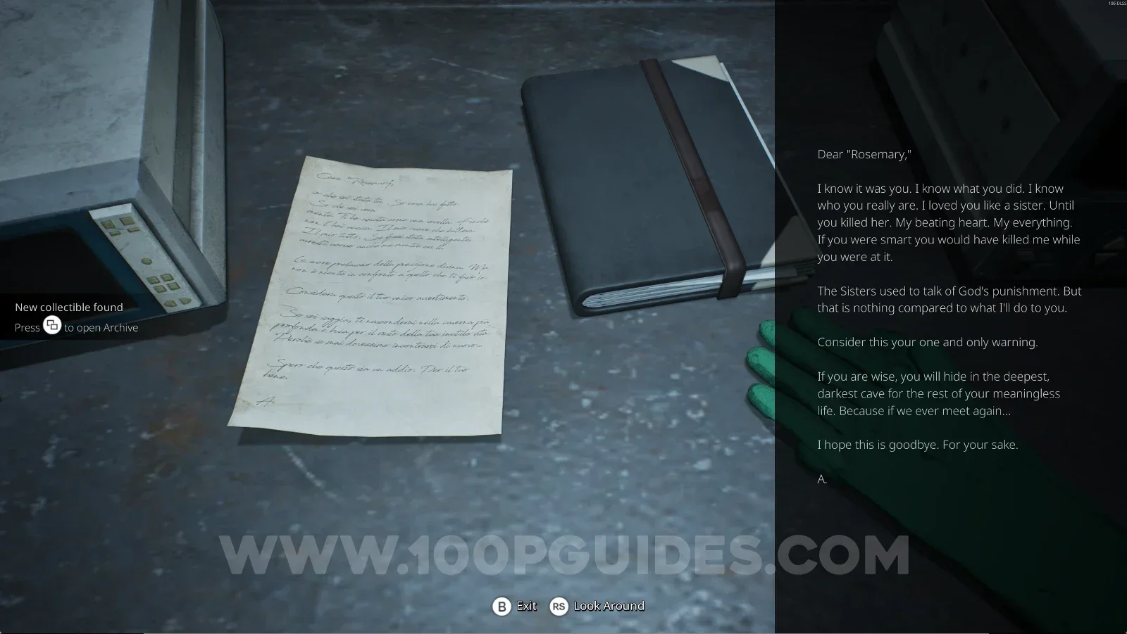Remothered: Red Nuns Legacy Catacombs: A Letter For Rosemary next to the glove on the table