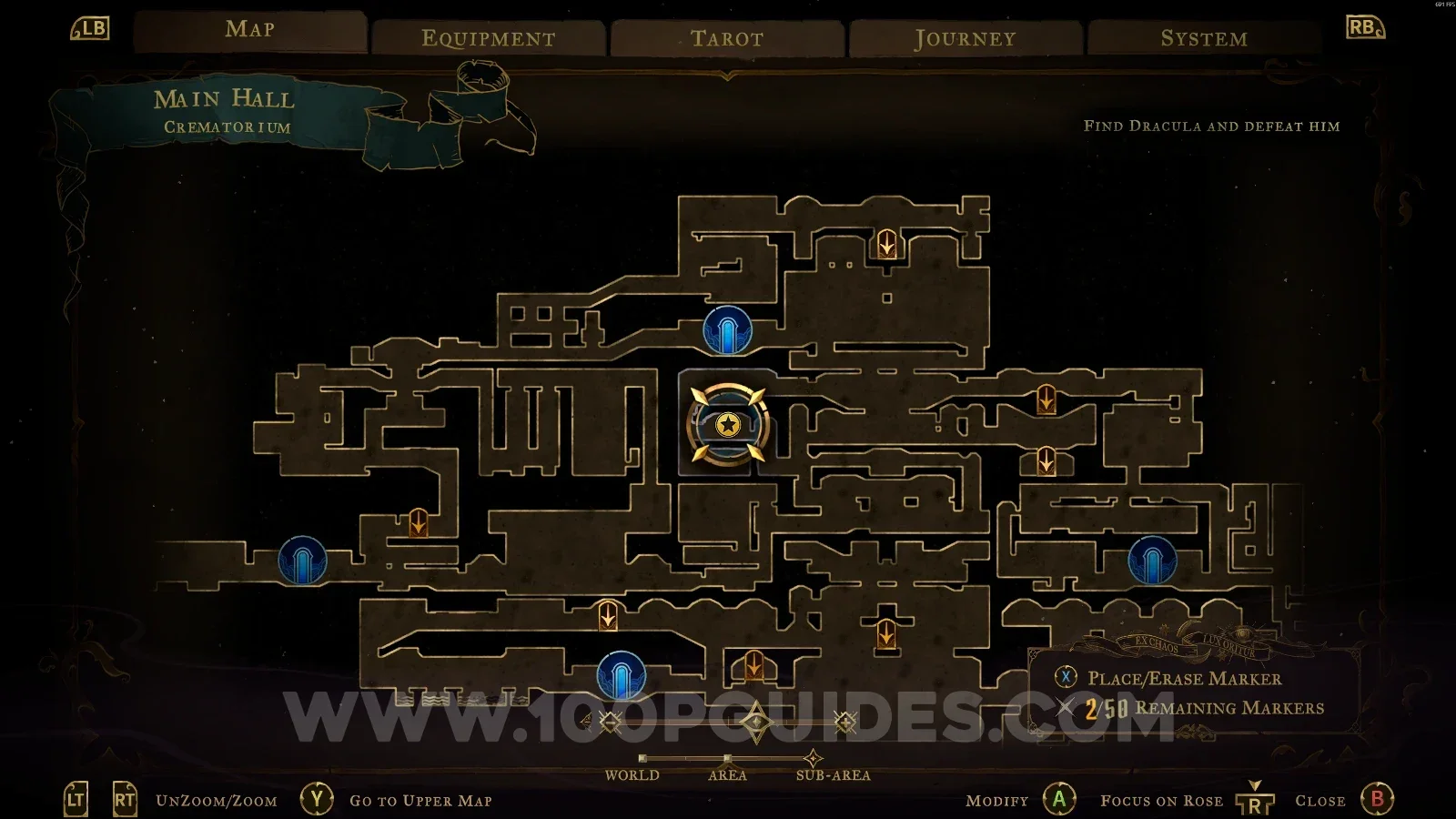 Castlevania Belmonts Curse Crematorium map marking the Grim Token relic in the Main Hall