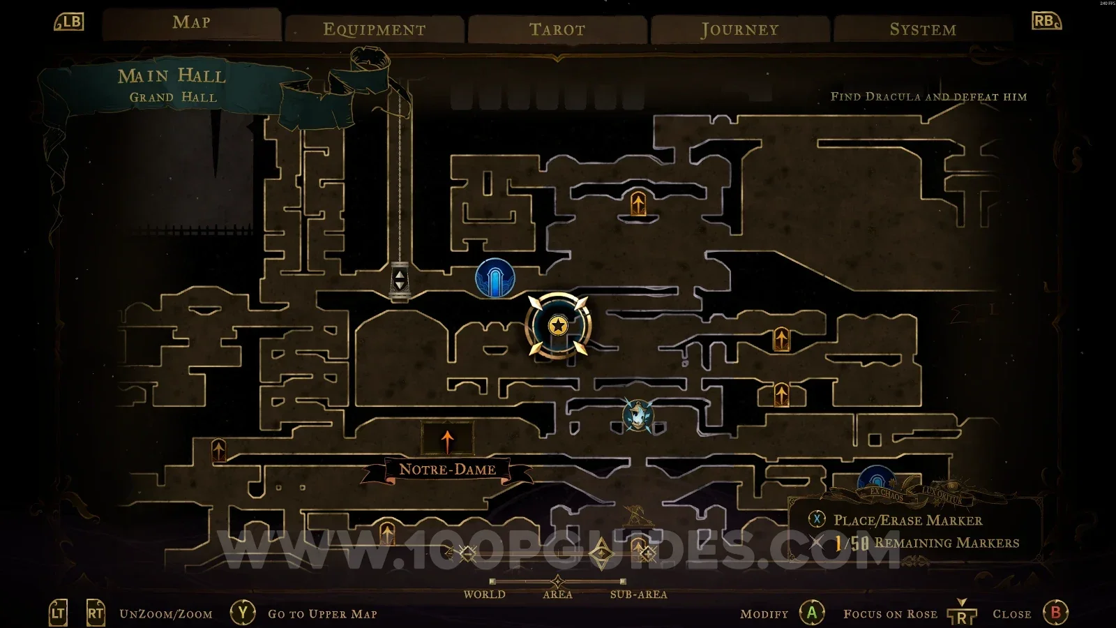 Castlevania Belmonts Curse Grand Hall map with the area of XP Statue #70 marked