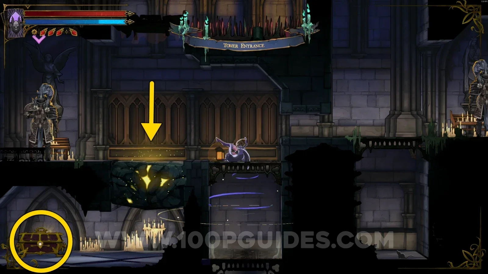 Castlevania Belmonts Curse Tower Entrance: chest with Arondight And Lancelot's Shield under the smashed floor