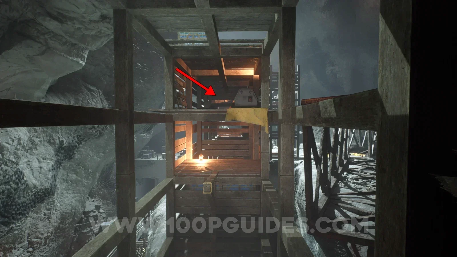 Terrible Lizards Chapter 3: ledge with a yellow cloth inside the wooden structure past the destroyed metal bridge
