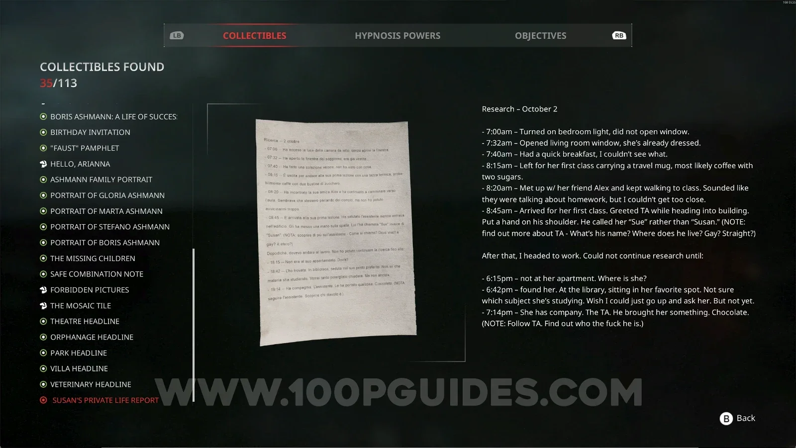 Remothered: Red Nuns Legacy Noble Wing #24: Susan's Private Life Report collectible