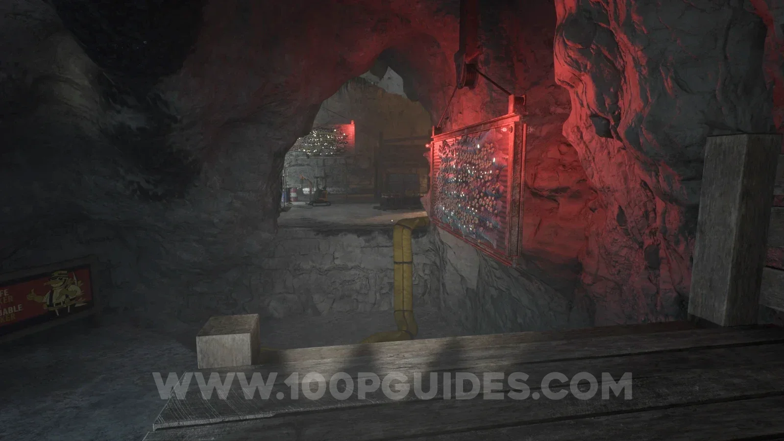 Terrible Lizards Chapter 3: wall running across the hanging wall with red lights in the caverns