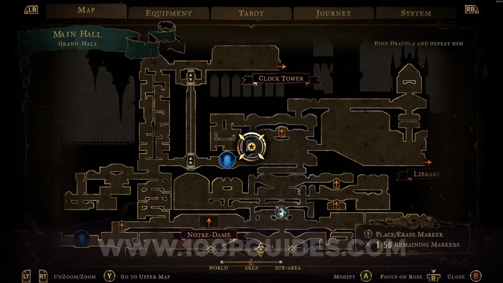 Castlevania Belmonts Curse Grand Hall map with the area of XP Statue #71 marked